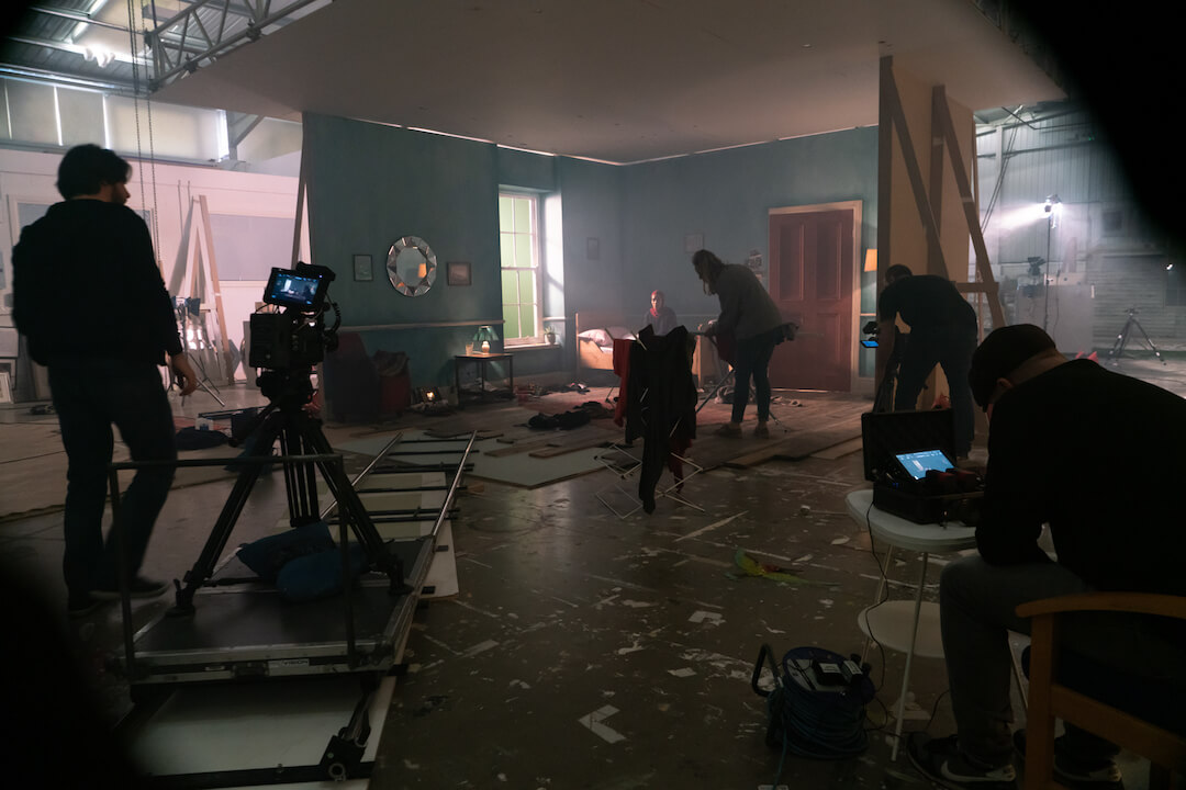 Setting the set ready for filming
